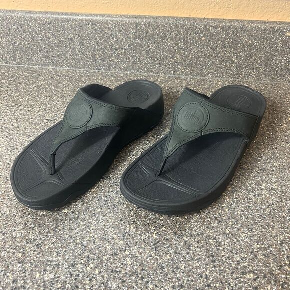 FitFlop Black/Green Thong Sandals Women's Size 6 Slip On Comfort Casual Platform - Picture 2 of 10